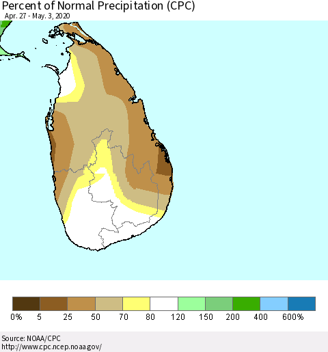 Sri Lanka Percent of Normal Precipitation (CPC) Thematic Map For 4/27/2020 - 5/3/2020