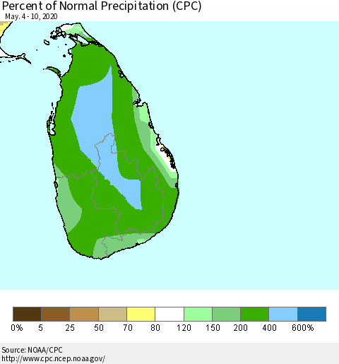 Sri Lanka Percent of Normal Precipitation (CPC) Thematic Map For 5/4/2020 - 5/10/2020