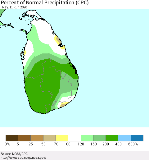 Sri Lanka Percent of Normal Precipitation (CPC) Thematic Map For 5/11/2020 - 5/17/2020