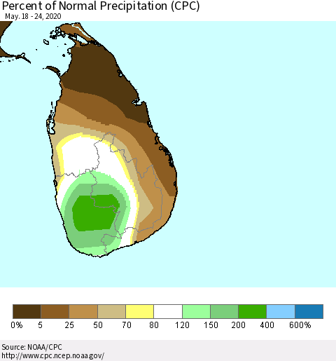 Sri Lanka Percent of Normal Precipitation (CPC) Thematic Map For 5/18/2020 - 5/24/2020