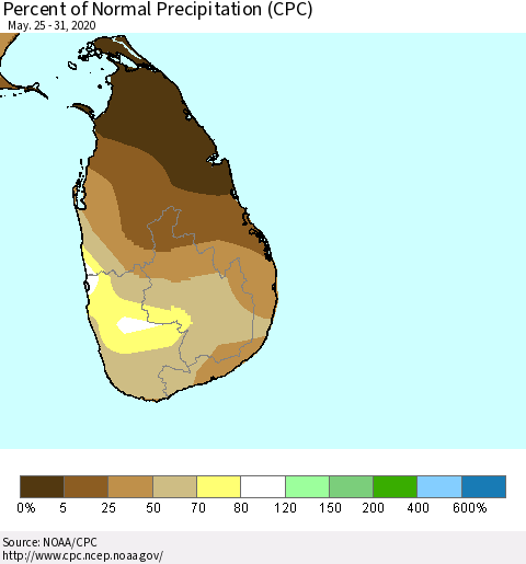 Sri Lanka Percent of Normal Precipitation (CPC) Thematic Map For 5/25/2020 - 5/31/2020
