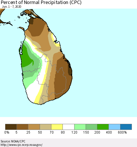 Sri Lanka Percent of Normal Precipitation (CPC) Thematic Map For 6/1/2020 - 6/7/2020