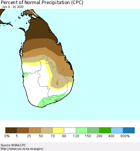 Sri Lanka Percent of Normal Precipitation (CPC) Thematic Map For 6/8/2020 - 6/14/2020
