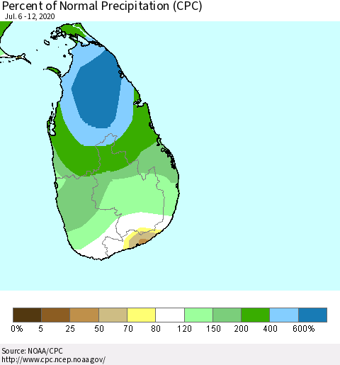 Sri Lanka Percent of Normal Precipitation (CPC) Thematic Map For 7/6/2020 - 7/12/2020