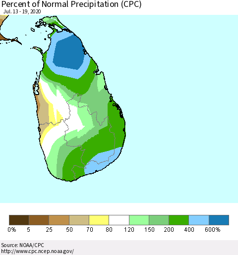 Sri Lanka Percent of Normal Precipitation (CPC) Thematic Map For 7/13/2020 - 7/19/2020