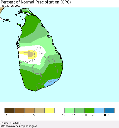 Sri Lanka Percent of Normal Precipitation (CPC) Thematic Map For 7/20/2020 - 7/26/2020