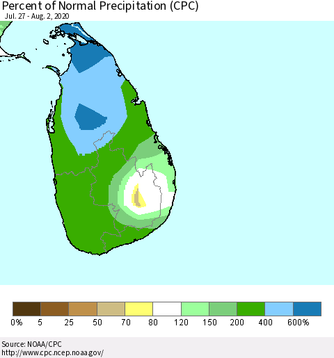 Sri Lanka Percent of Normal Precipitation (CPC) Thematic Map For 7/27/2020 - 8/2/2020