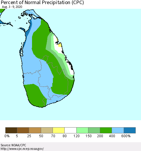 Sri Lanka Percent of Normal Precipitation (CPC) Thematic Map For 8/3/2020 - 8/9/2020