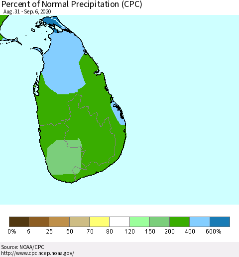 Sri Lanka Percent of Normal Precipitation (CPC) Thematic Map For 8/31/2020 - 9/6/2020