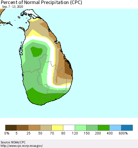 Sri Lanka Percent of Normal Precipitation (CPC) Thematic Map For 9/7/2020 - 9/13/2020