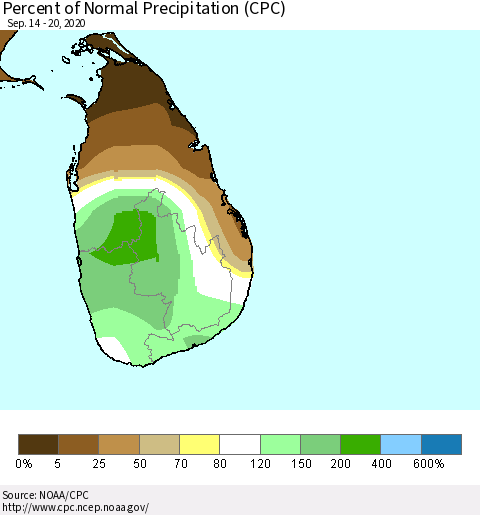 Sri Lanka Percent of Normal Precipitation (CPC) Thematic Map For 9/14/2020 - 9/20/2020