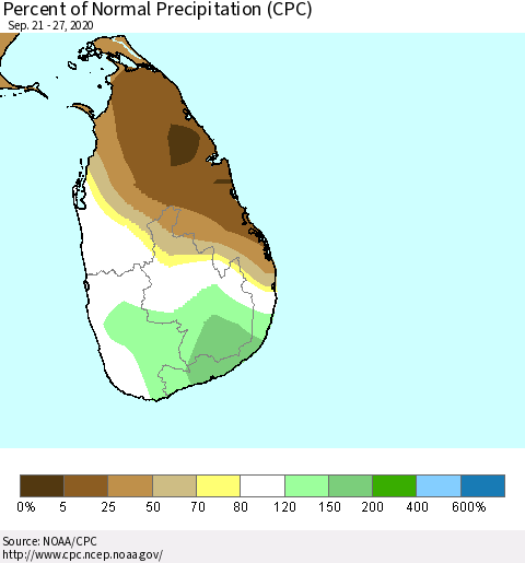 Sri Lanka Percent of Normal Precipitation (CPC) Thematic Map For 9/21/2020 - 9/27/2020