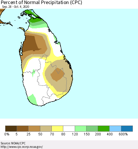 Sri Lanka Percent of Normal Precipitation (CPC) Thematic Map For 9/28/2020 - 10/4/2020