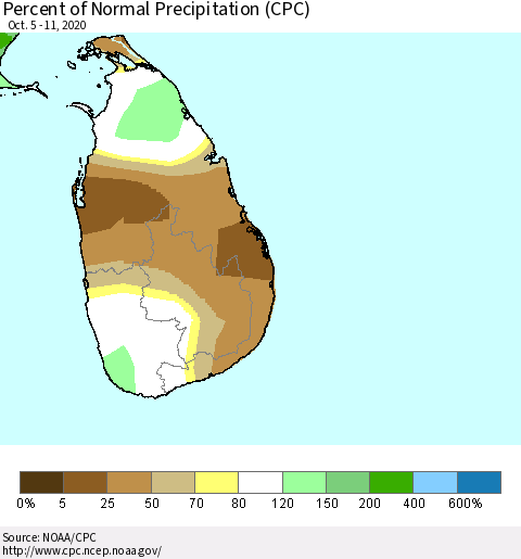 Sri Lanka Percent of Normal Precipitation (CPC) Thematic Map For 10/5/2020 - 10/11/2020