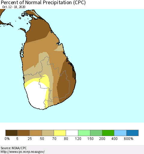 Sri Lanka Percent of Normal Precipitation (CPC) Thematic Map For 10/12/2020 - 10/18/2020