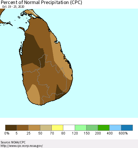 Sri Lanka Percent of Normal Precipitation (CPC) Thematic Map For 10/19/2020 - 10/25/2020