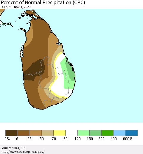 Sri Lanka Percent of Normal Precipitation (CPC) Thematic Map For 10/26/2020 - 11/1/2020
