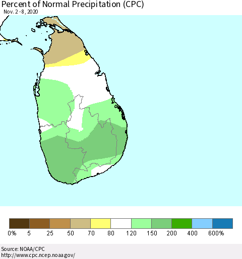 Sri Lanka Percent of Normal Precipitation (CPC) Thematic Map For 11/2/2020 - 11/8/2020