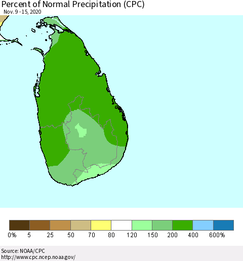 Sri Lanka Percent of Normal Precipitation (CPC) Thematic Map For 11/9/2020 - 11/15/2020