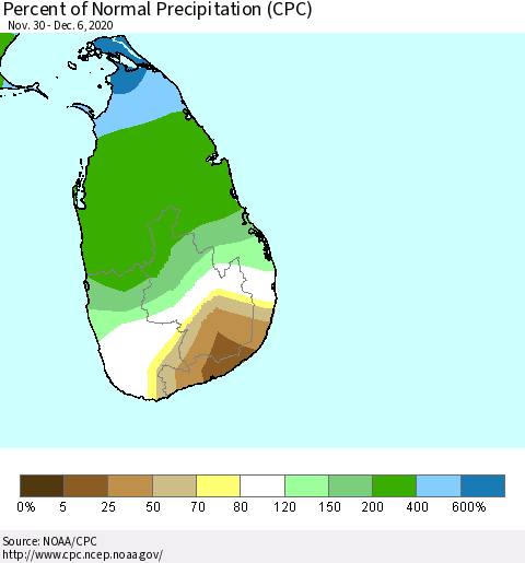 Sri Lanka Percent of Normal Precipitation (CPC) Thematic Map For 11/30/2020 - 12/6/2020