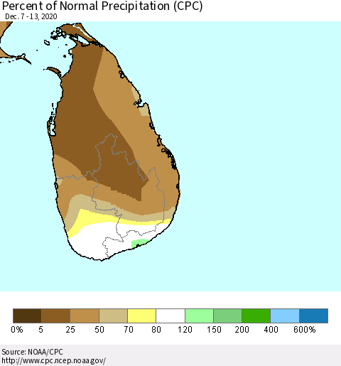 Sri Lanka Percent of Normal Precipitation (CPC) Thematic Map For 12/7/2020 - 12/13/2020