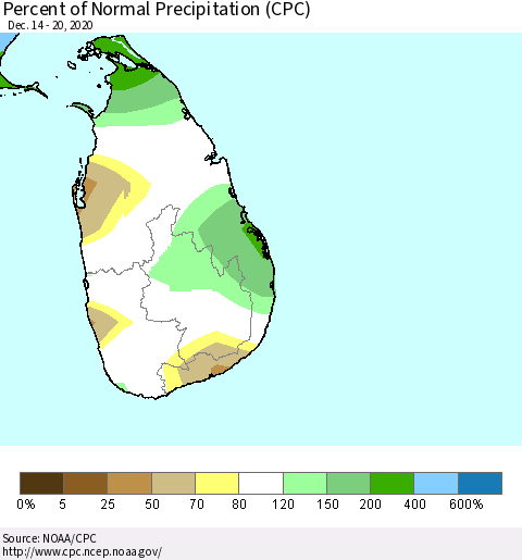 Sri Lanka Percent of Normal Precipitation (CPC) Thematic Map For 12/14/2020 - 12/20/2020