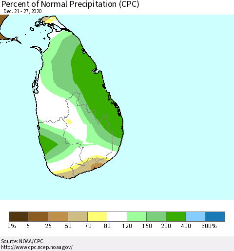 Sri Lanka Percent of Normal Precipitation (CPC) Thematic Map For 12/21/2020 - 12/27/2020