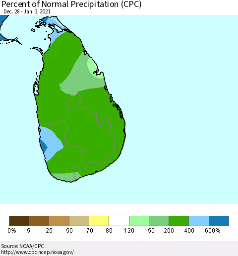 Sri Lanka Percent of Normal Precipitation (CPC) Thematic Map For 12/28/2020 - 1/3/2021