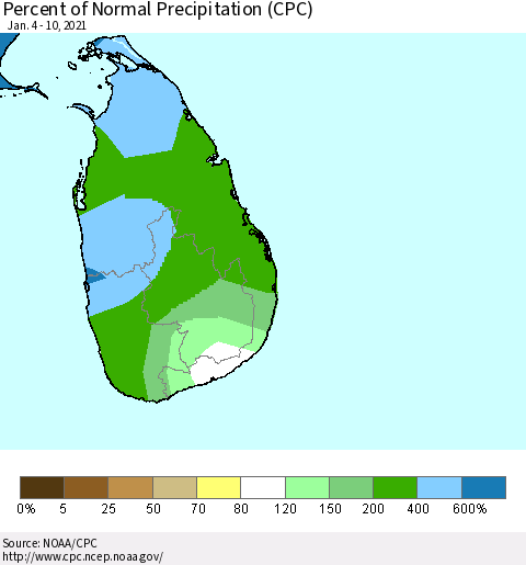 Sri Lanka Percent of Normal Precipitation (CPC) Thematic Map For 1/4/2021 - 1/10/2021
