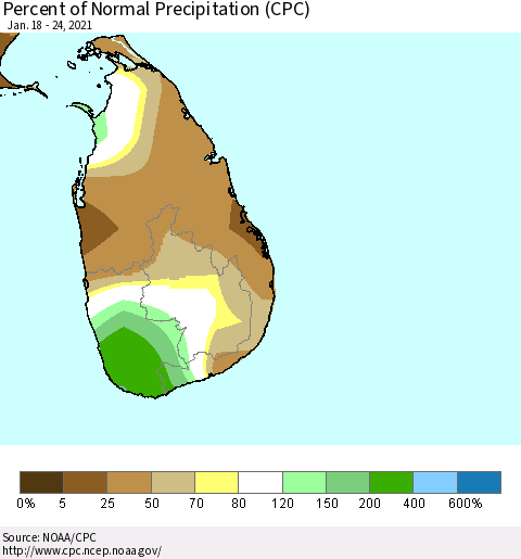 Sri Lanka Percent of Normal Precipitation (CPC) Thematic Map For 1/18/2021 - 1/24/2021