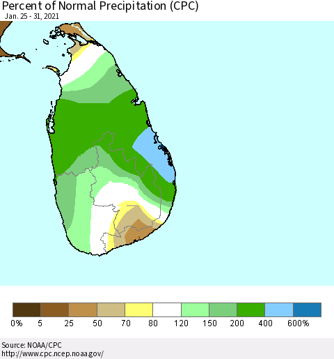 Sri Lanka Percent of Normal Precipitation (CPC) Thematic Map For 1/25/2021 - 1/31/2021