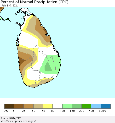 Sri Lanka Percent of Normal Precipitation (CPC) Thematic Map For 2/1/2021 - 2/7/2021