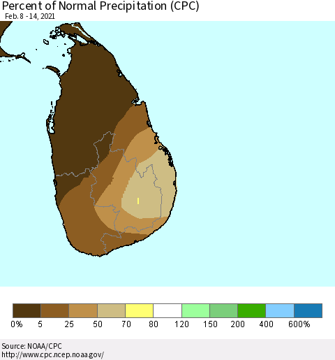 Sri Lanka Percent of Normal Precipitation (CPC) Thematic Map For 2/8/2021 - 2/14/2021