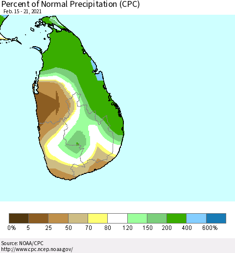 Sri Lanka Percent of Normal Precipitation (CPC) Thematic Map For 2/15/2021 - 2/21/2021