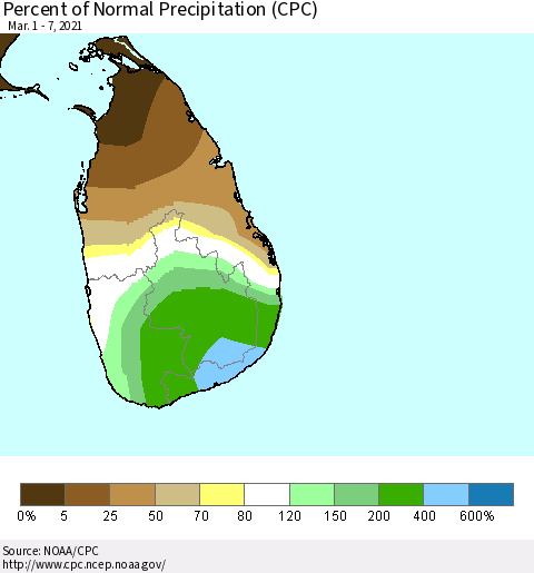 Sri Lanka Percent of Normal Precipitation (CPC) Thematic Map For 3/1/2021 - 3/7/2021