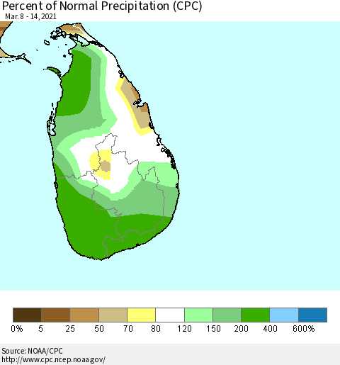 Sri Lanka Percent of Normal Precipitation (CPC) Thematic Map For 3/8/2021 - 3/14/2021