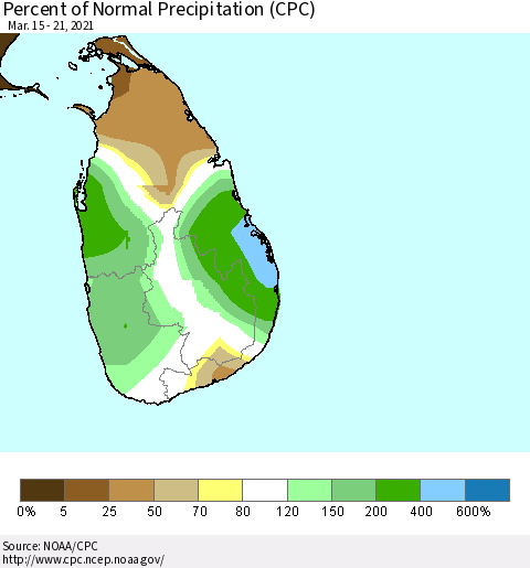Sri Lanka Percent of Normal Precipitation (CPC) Thematic Map For 3/15/2021 - 3/21/2021