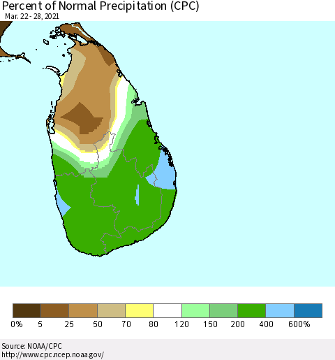 Sri Lanka Percent of Normal Precipitation (CPC) Thematic Map For 3/22/2021 - 3/28/2021