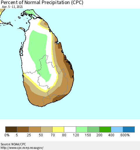 Sri Lanka Percent of Normal Precipitation (CPC) Thematic Map For 4/5/2021 - 4/11/2021