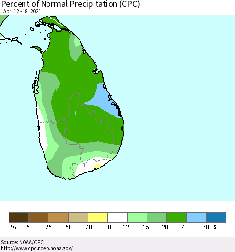 Sri Lanka Percent of Normal Precipitation (CPC) Thematic Map For 4/12/2021 - 4/18/2021
