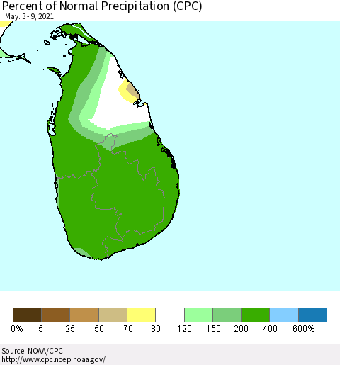 Sri Lanka Percent of Normal Precipitation (CPC) Thematic Map For 5/3/2021 - 5/9/2021