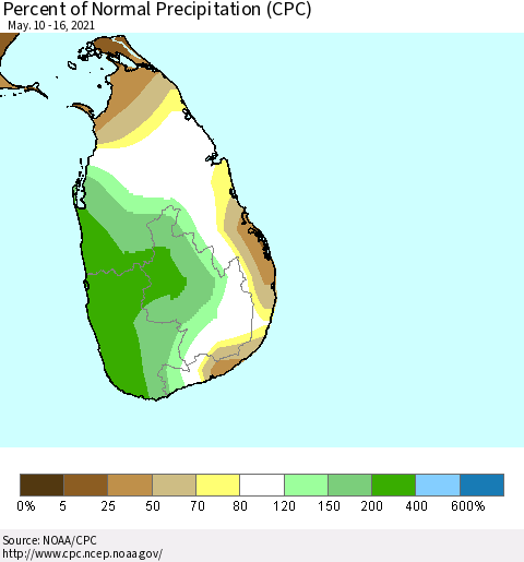 Sri Lanka Percent of Normal Precipitation (CPC) Thematic Map For 5/10/2021 - 5/16/2021