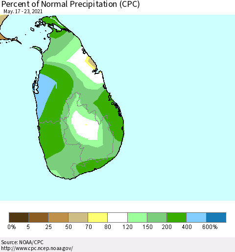Sri Lanka Percent of Normal Precipitation (CPC) Thematic Map For 5/17/2021 - 5/23/2021