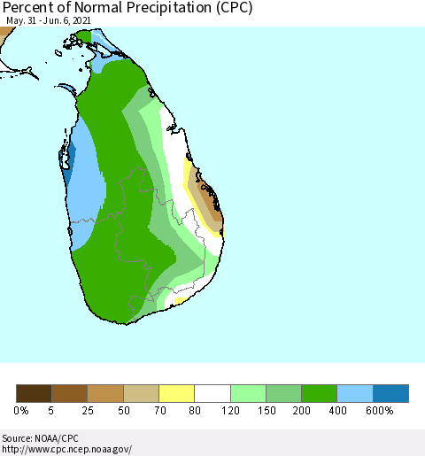 Sri Lanka Percent of Normal Precipitation (CPC) Thematic Map For 5/31/2021 - 6/6/2021