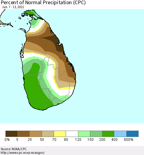 Sri Lanka Percent of Normal Precipitation (CPC) Thematic Map For 6/7/2021 - 6/13/2021