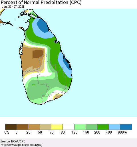 Sri Lanka Percent of Normal Precipitation (CPC) Thematic Map For 6/21/2021 - 6/27/2021