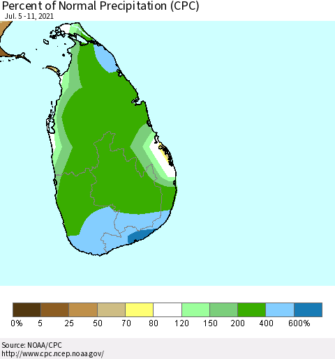 Sri Lanka Percent of Normal Precipitation (CPC) Thematic Map For 7/5/2021 - 7/11/2021