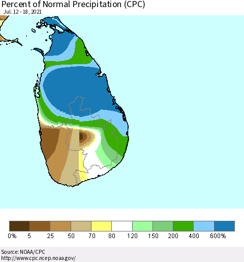 Sri Lanka Percent of Normal Precipitation (CPC) Thematic Map For 7/12/2021 - 7/18/2021