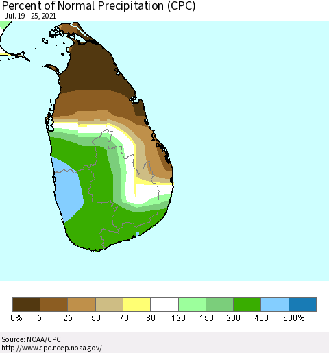 Sri Lanka Percent of Normal Precipitation (CPC) Thematic Map For 7/19/2021 - 7/25/2021