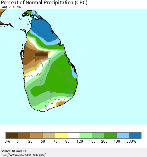 Sri Lanka Percent of Normal Precipitation (CPC) Thematic Map For 8/2/2021 - 8/8/2021